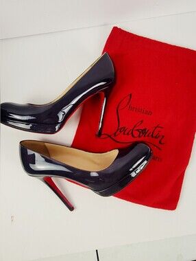 LOUBOUTIN Patent Leather High Heel Pumps NAVY Red PUMPS round Toe Size 37